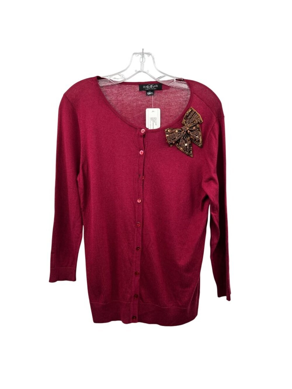 August Silk Womens Cardigan Beaded Bow Lightweight Wine/Brown Large New